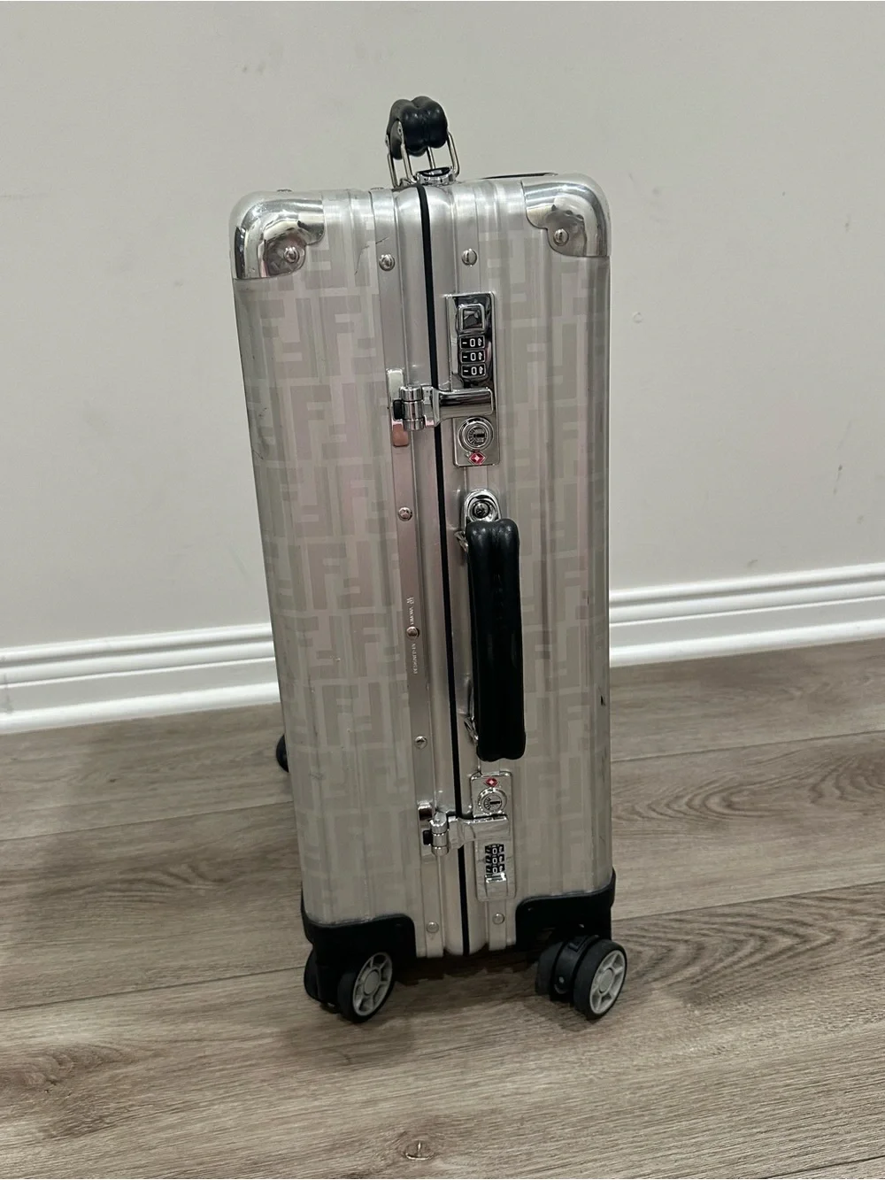 Fendi x Rimowa Silver Aluminum Hardcase Carry-On with Black Handle